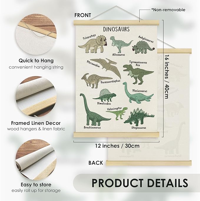 Fewgb Dinosaur Breed Chart Wall Art Decor for Boys Nursery Kids Room Bedroom Playroom Classroom, Dinosaurs Learning Hanging Poster Framed with Hanger Picture Prints 12x16