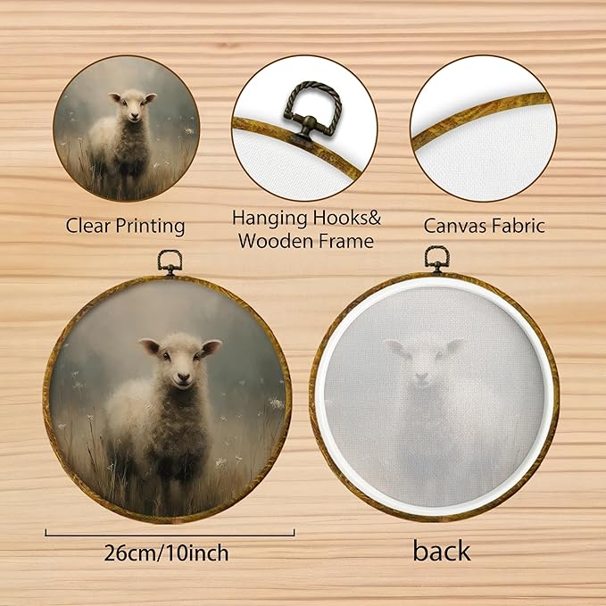 Hiuwevt Vintage Sheep Round Wall Art Decor, Neutral Cottagecore Lamb Framed Canvas Prints, Rustic Farmhouse Animal Round Wall Hanging Decor for Farm Home Living Room Decorations, 10x10 Inches