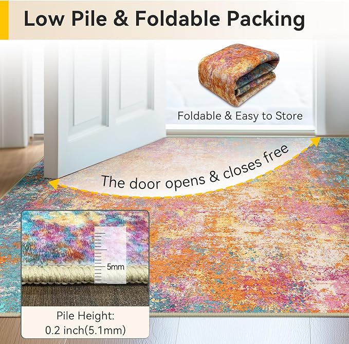 Washable Area Rugs 2'x3' Non-Slip Modern Abstract Soft for Living Room Entryway Bedroom Nursery, Print Pattern, Orange Blue Pink Yellow Colorful