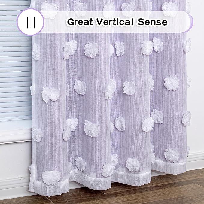 MYSKY HOME Girls Curtains for Bedroom Lilac Curtains 90 Inches Long Nursery Curtains White Pom Pom Sheer Curtains for Dining Room Grommet Double Layer Toddler Room Darkening Window Panels W52 X L90