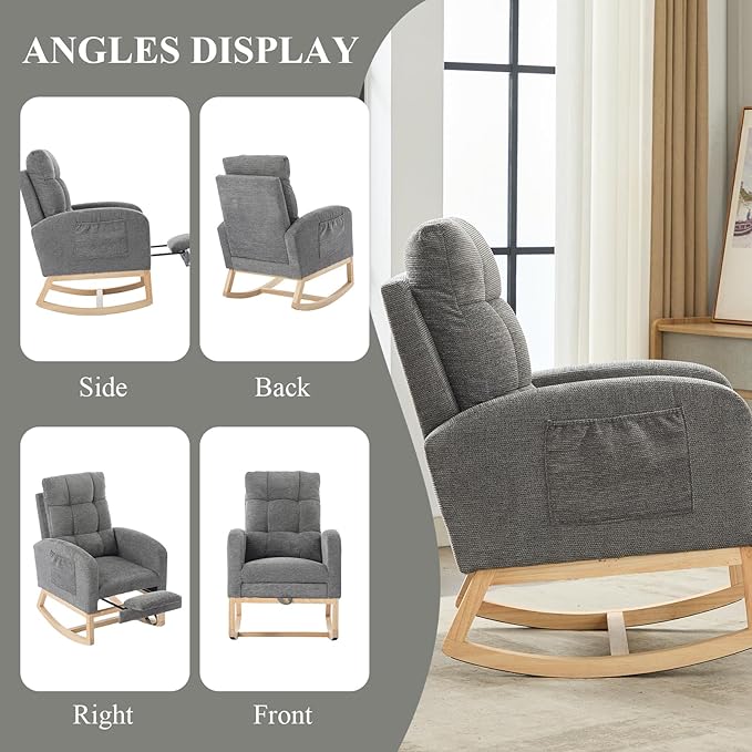 Nursery Rocking Chair, Polyester Upholstered Glider Chair with Footrest, Comfy Rocker Chair, Accent Chair with High Backrest, Glider Rocker, Armchair for Living Room (Gray Linen)