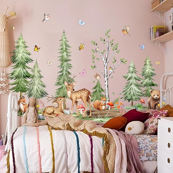 Woodland Pine Tree Wall Decals Forest Animals Wall Stickers Peel and Stick Wall Decal Living Room Baby Nursery Bedroom Kids Room Wall Decor