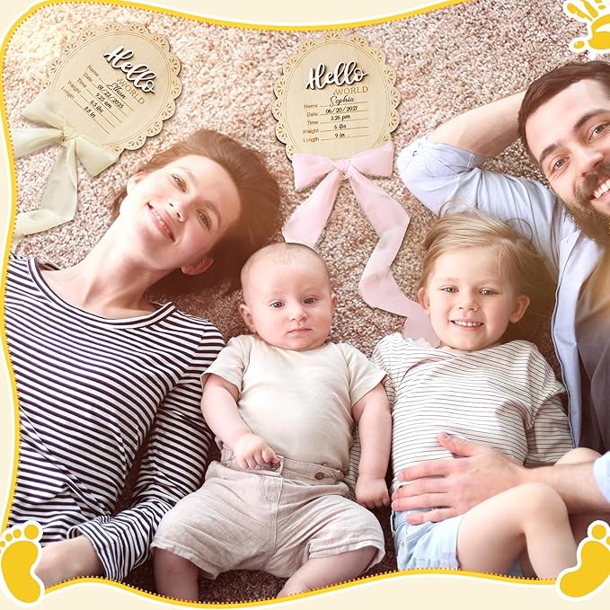 Baby Announcement Sign 7 Inch Double Sided Wooden Hello World Newborn Engraved Sign with Organza Bag Marker Pen Ink Pad Ribbon Bow for Baby Shower Hand Footprints Photo Prop (White Bow)
