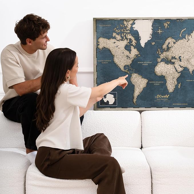 Canvas World Map with Cork Pin Board - English Lettering - Decorative Wall Decoration for All Rooms - Canvas Pictures with World Map Motif (90x60 cm, Pattern 18)