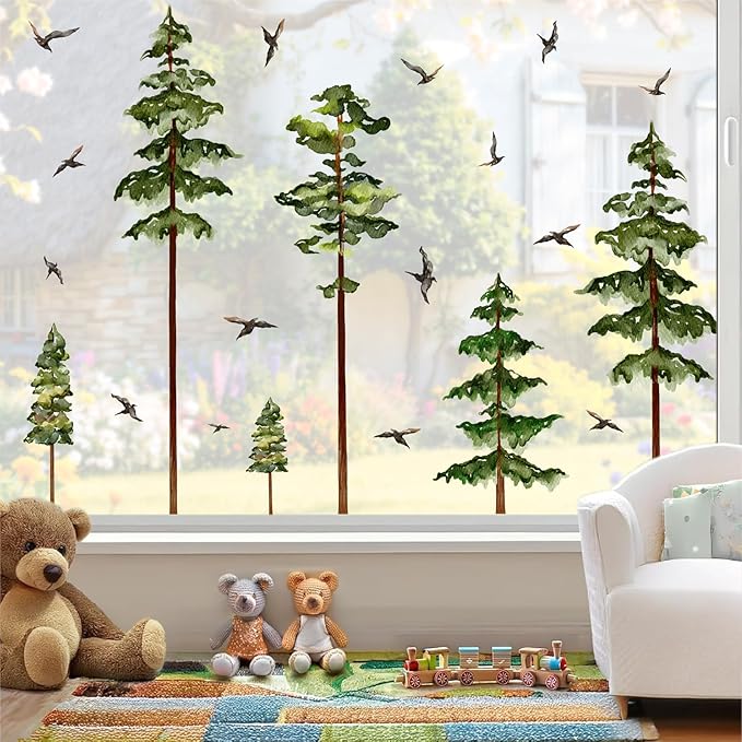 Large Pine Tree Wall Stickers Green Trees Wall Decals Peel and Stick Watercolor Birds Nature Giant Trees Decor Woodland Forest Sticker Green Tree Stickers for Living Room Bedroom Home Decor