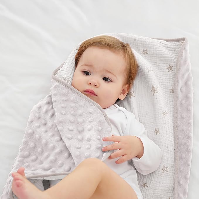 Susurration Baby Blanket for Unisex Boys Girls, Soft Nursery Minky Blanket with Muslin Cotton Front and Dotted Fleece Back, Receiving Blanket for Baby Newborn Infant, 30x40inch (Beige Star)