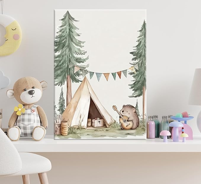 Woodland Animal Nursery Canvas Wall Art Fox Bear Rabbit Hedgehog Paintings Pictures Safari Nursery Wall Decor Forest Animals Camping Campfire Poster Print Artwork for Boys Kids Room Home Decoration