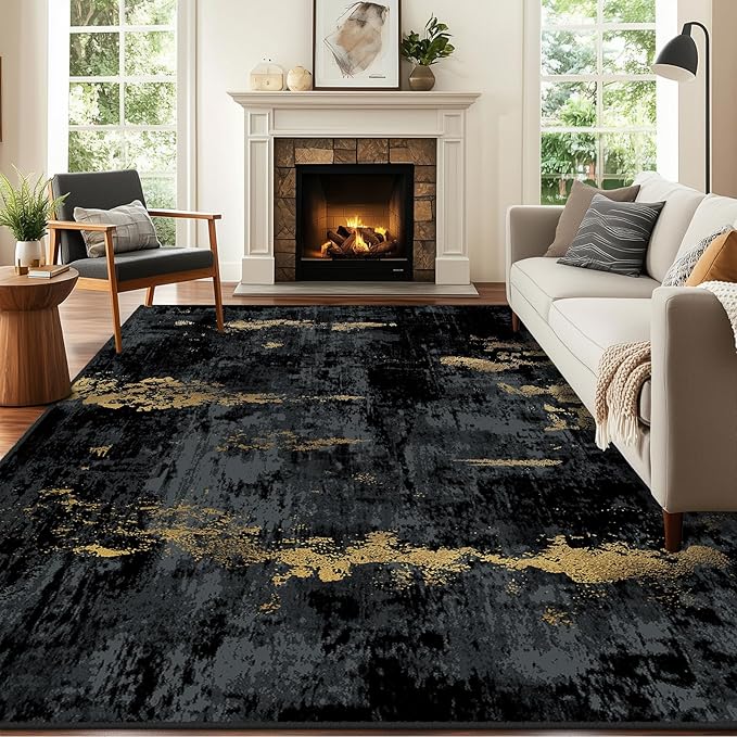 Washable Area Rugs 9'x12' Non-Slip Modern Abstract Soft for Living Room Entryway Bedroom Nursery, Print Pattern, Dark Black Gold