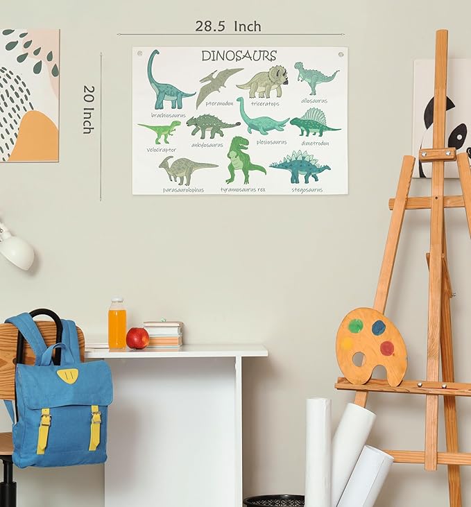 Dinosaurs Themed Rectangular Canvas Banner Flag Wall Sign Art Gift for Nursery Classroom Above Crib Bedroom Playroom Reading Room Wall Decor Baby Shower Kids Teen Birthday Christmas Gift