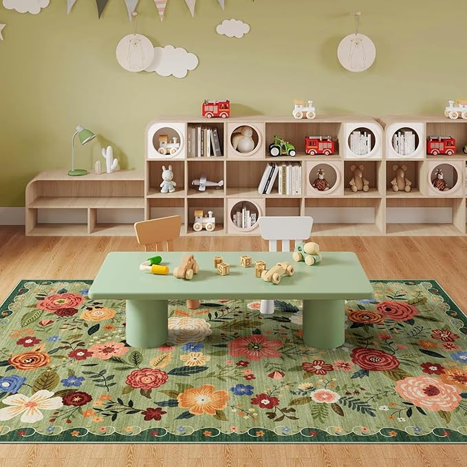 6x9 Washable Area Rug for Living Room, Floral Non-Slip Non-Shedding & Easy Care, Soft Low Pile Vintage Indoor Floor Carpet for Living Room, Bedroom, Farmhouse, Dining Room, Kids Playroom, Green