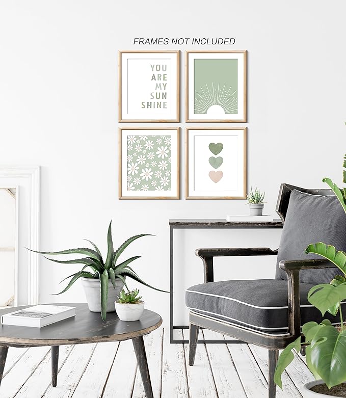 XWELLDAN Boho Sage Green Sun You Are My Sunshine Daisy Flower Heart Poster Wall Art Prints,Boho Gifts for Girls,Bohemian Wall Art Decor for Baby Girls Room Nursery,8 x 10 Inch Set of 4 Prints,Unframed
