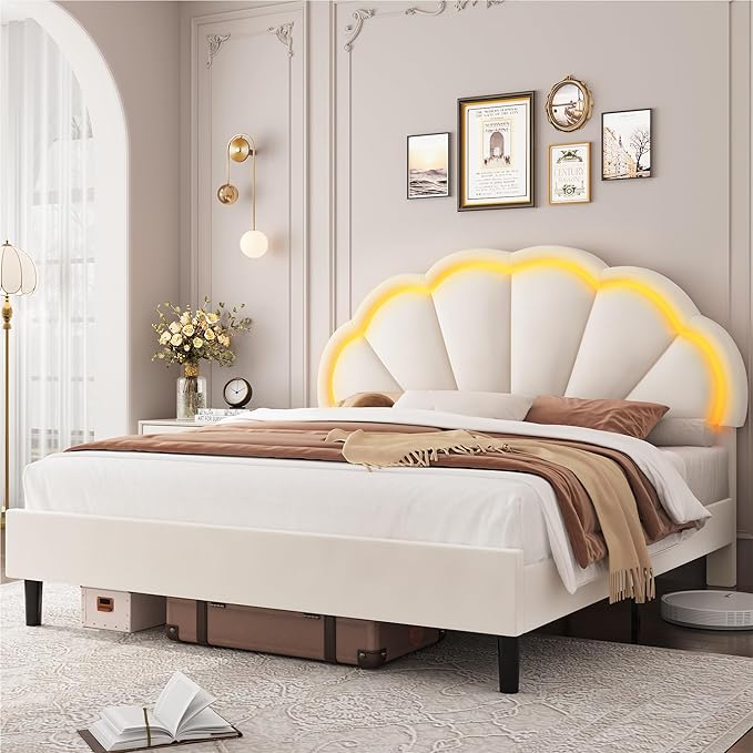 HIFIT Queen Upholstered Smart LED Bed Frame with Adjustable Chic Petal Headboard, Soft Princess Queen Size Platform Bed Frame for Girls, Wooden Slat Support, No Box Spring Needed, Easy Assembly, Beige