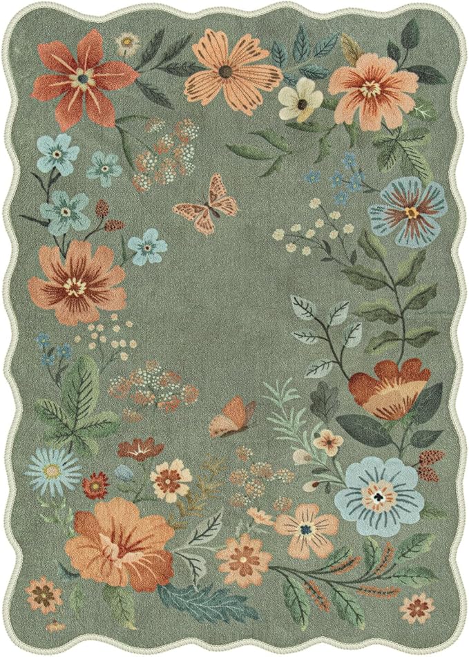 Lahome Floral Living Room Rugs, Area Rugs 5x7 Rug for Bedroom Ultra-Thin Soft Rug, Non-Slip Washable Rugs Stain Resistant Boho Low-Pile Throw Carpet for Dining Room Office (5x7ft,Green)