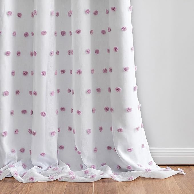 MYSKY HOME 100% Blackout Curtains for Living Room White Curtains 102 Inch Extra Long Total Light Block Girls Room Drapes Thermal Insulated Room Darkening Purple Pom Pom Sheer Back Tab 2 Pieces 52 Wide