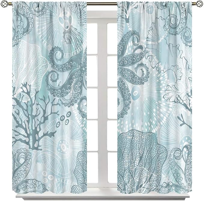 Coastal Window Curtains,Nautical Beach Themed Thermal Insulating Blackout Curtain for Living Room, Bedroom Set 2 Panels,63x63 Inches