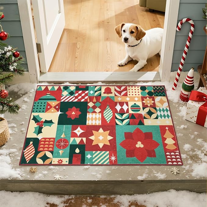 jinchan Christmas Rug 2x3 for Entryway Washable Christmas Kitchen Rug Xmas Geometric Doormat Non-Slip Soft Small Carpet Festive Red-Green Holiday Patch Decor for Front Door Bathroom Porch Bedside