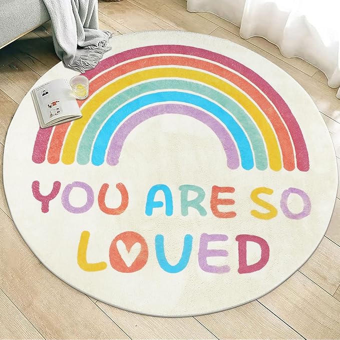 Topotdor Rainbow Round Rug for Girls Bedroom,Colorful Boho Decor Nursery Area Rug,Ultra Soft Machine Washable Kids Play Mat,63" Round