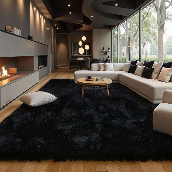 Black Fluffy 9x12 Large Area Rugs for Bedroom Living Room, Soft Washable Shag Carpet for Kids Room, Nursery, Dorm Decor, Colorful Cute Plush Fuzzy Rugs for Baby Toddler