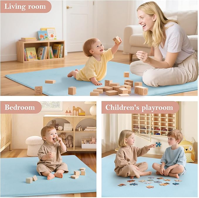 PapaMama Ultra Soft Baby Play Mat for Floor, 1.3" Thick Memory Foam 50x50 Playpen Mat with Non-Slip Backing, Coral Velvet Child Nursery Rug, Tummy Time & Crawling & Yoga Mat for Infant, Toddlers, Kids