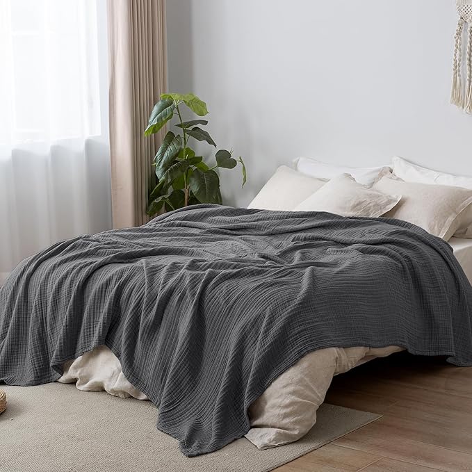 PHF 100% Cotton Muslin Blanket Queen Size 90"x90", 4-Layer Lightweight Gauze Throw, Breathable Cloud-Soft Minimalist Blanket for Bed, Couch, Camping & Baby, Greyish Black, Ideal Gift