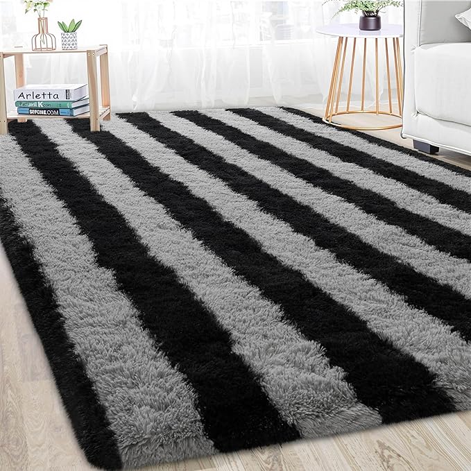 Meralax Black and Grey Striped Area Rug, 4x6 Fluffy Soft Rugs for Living Room Bedroom, Machine Washable Shaggy Carpet Rug for Kids, Dorms, Indoor, Home Decor Aesthetic