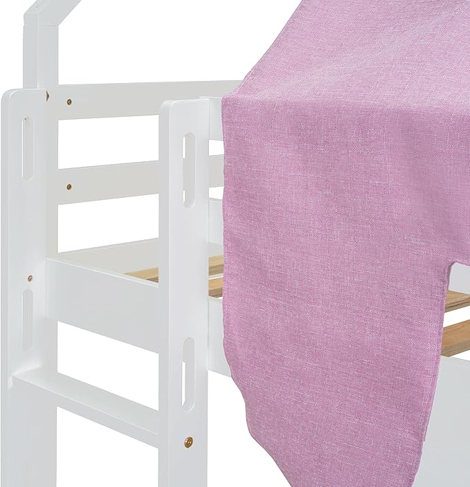 Playhouse Design Twin Size Wood Loft Bed with Slide and Tent, Low Loft House Bed Frame with Storage Shelves and Removable Car-Shaped Staircase for Kids Teens Boys Girls Bedroom (White-Pink)