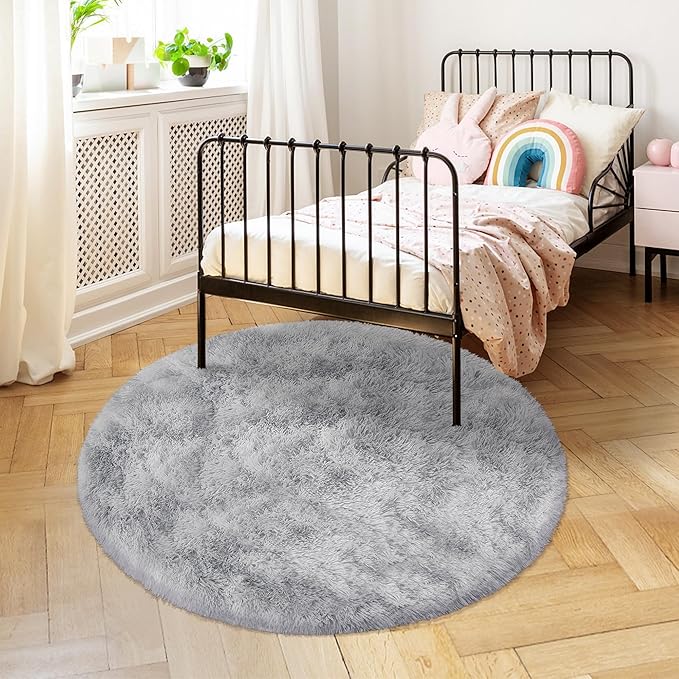 4 ft Round Fluffy Grey Rug for Bedroom,Tie Dyed Furry Round Carpet Non Slip Gray Fuzzy Shaggy Plush Circle Area Rug Rug for Living Room Room Nursery Room Playroom Kids Room Home Decor Washable