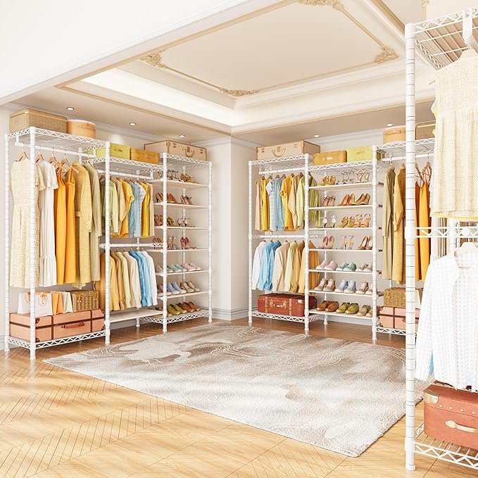 E16 Heavy Duty Clothing Rack(With 7-Tier Adjustable Shoe Rack) Freestanding Clothes Rack for Hanging Clothes,Metal Closet Storage Organizer Large Wardrobe,69'' W x 15.8'' D x 76.2'' H,White