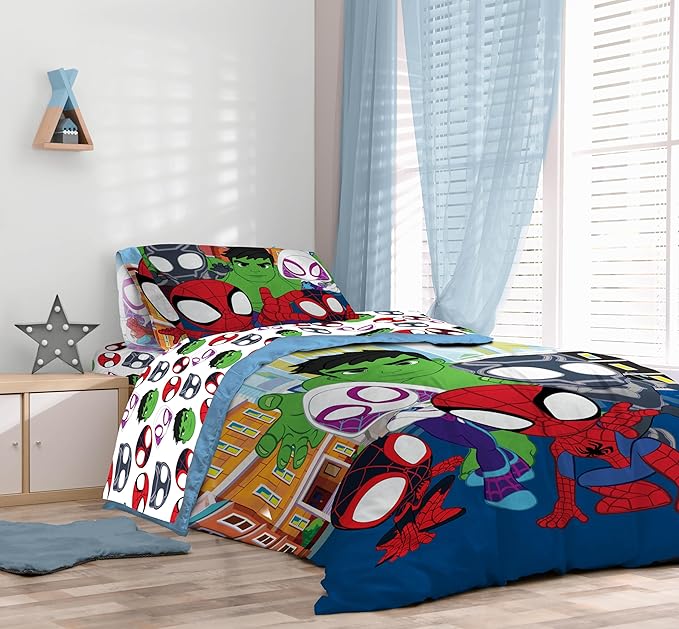 Sunny Side Up Marvel Spidey & His Amazing Friends Twin Comforter Set - 5 Piece Kids Bedding Includes Comforter, Sheets & Pillow Cover - Super Soft Superheroes Microfiber Bed Set