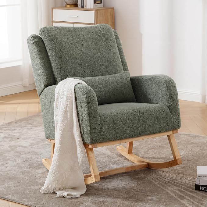 Rocking Chair Nursery, Sherpa Nursing Rocking Chairs, Upholstered Nursery Glider Rocker for Mom Nursery Morden Accent Rocking Chair with Lumbar Pillow for Living Room,Bedroom,Teddy Green