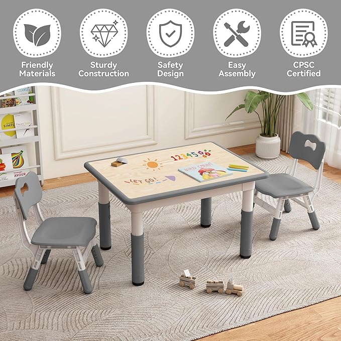 Kids Study Table and Chairs Set, Height Adjustable Toddler Table and Chair Set for Kids Ages 3-8, 31.5" L x 23.6" W Graffiti Desktop Plastic Children Art Table with 2 Seats, Grey