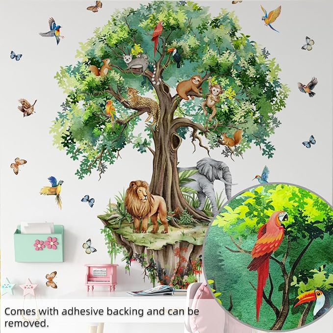 Suspended Tree Wall Decals Jungle Safari Animals Wall Decal Stickers for Kids Bedroom Playroom Nursary Classroom 51.57x48.03 inches