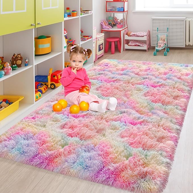 Rainbow Rugs 5x8 Ft Fluffy Plush Area Rugs for Girls Bedroom, Shaggy Rug for Kids Playroom, Kawaii Princess Fuzzy Rugs for Nursery Baby Toddler, Cute Colorful Room Decor for Girls Room
