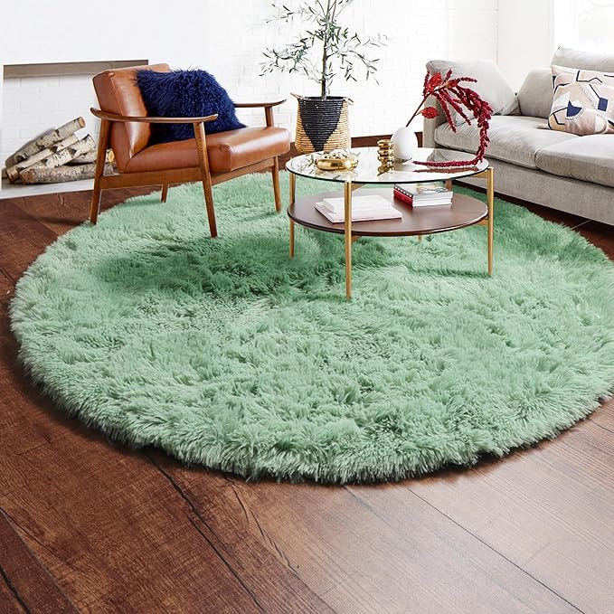 ONASAR Sage Green Round Area Rug 4ft, Fluffy Soft Bedroom Circle Rugs for Kids Girls Boys Teen Dorm Room, Cute Furry Plush Shaggy Carpet for Nursery Living Room Playroom Christmas Home Decor