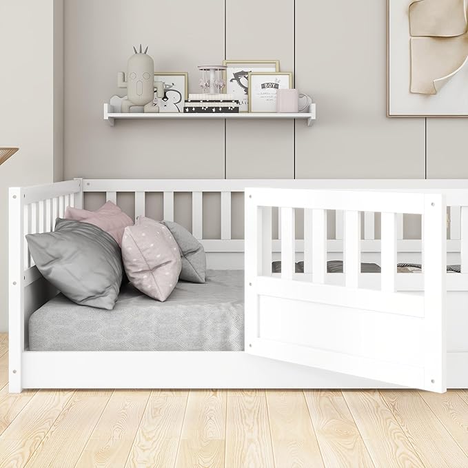 GDFStudio Full Size Floor Bed Frame with Opening Door & Guardrails, Montessori Toddler Full Bed Frame for Boys Girls, Wooden Low to Floor Bed Rails for Toddlers, Support Slat, White