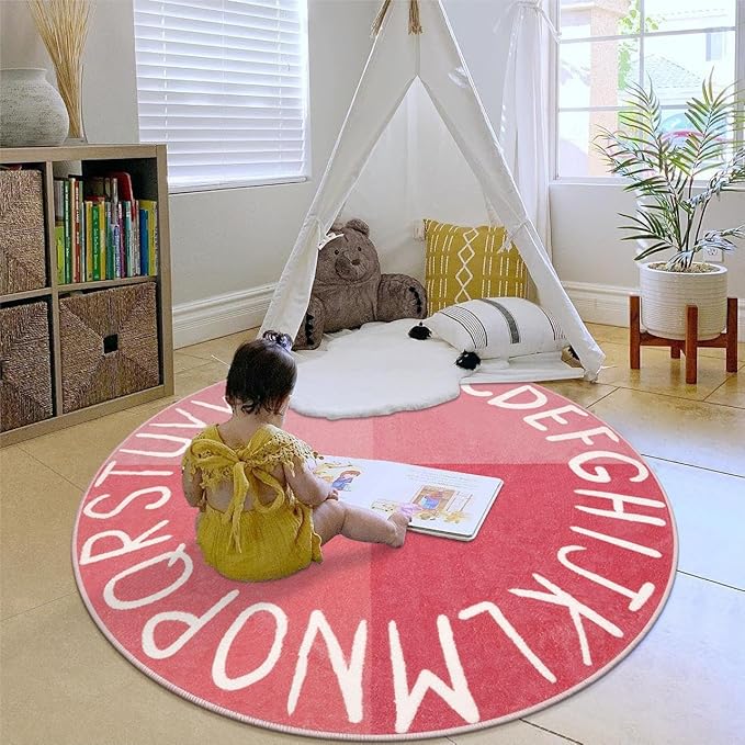 LIVEBOX ABC Pink Round Kids Rug for Girls Bedroom, Circle Nursery Area Rug Princess Washable Rug for Playroom, Non-Slip Crawling Play Mat Alphabet Learning Carpet for Teen Dorm (59",Pink)