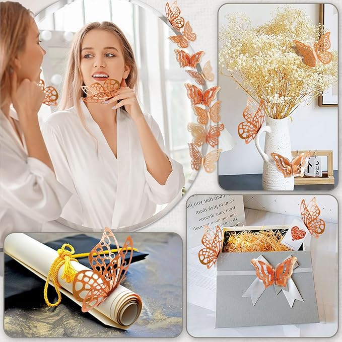 96 Pcs Butterfly Decorations 3 Sizes 4 Styles 3D Butterfly Wall Decor Party Decorations Butterflies for Crafts Birthday & Wedding Celebrations Cake Decorating Balloons Removable Stickers Rose Gold