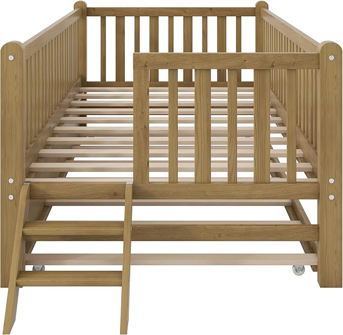 Wood Twin Size Platform Bed with Guardrail and Trundle, Kids Bed with Ladder for Bedroom, Kids Montessori Style Bed Frame for Girls Boys (Walnut-Trundle)