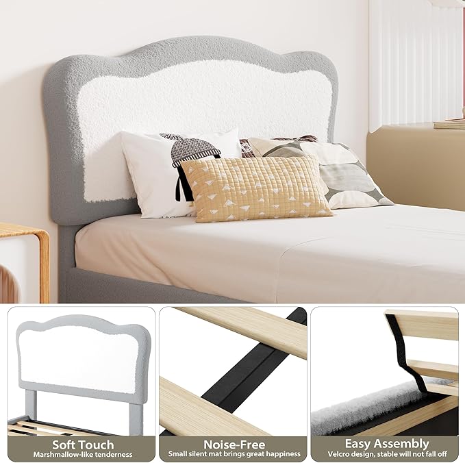 GarveeHome Full Bed Frames for Kids with Soft headboard, Velvet Low Bed Frame for Girls, Boys, No Box Spring Needed, Wooden Slats, Noise Free, Sturdy, Easy Assembly, Grey White