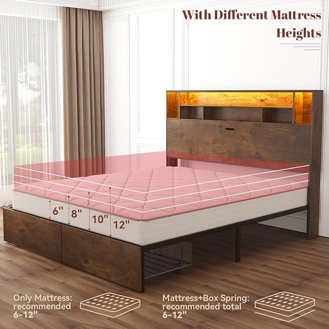 King Bed Frame with Headboard, LED Bed Frmaes with Bookcase Storage and Charging Station, Metal Platform Bed with 2 Storage Drawers, No Box Spring Needed, Brown