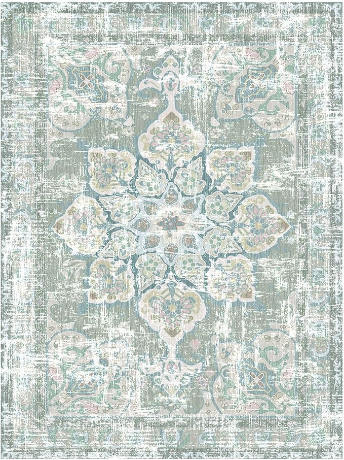 Vhong Washable Area Rugs Boho Vintage Neutral Modern Pale Green 6x9 Non Slip Small Carpet for Living Room Dining Room Bedroom Farmhouse