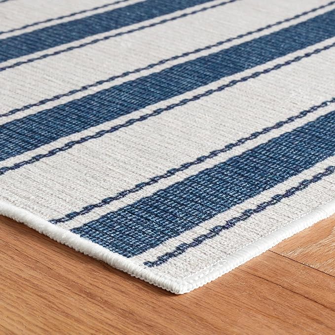 Dash & Albert Awning Stripe Blue Machine Washable Rug, 8.5 X 11.5 Feet, Blue Stripe Pattern