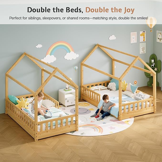 Jocisland Twin Size House Bed for Kids, Montessori Wooden Floor Bed Frame with Guardrails, Removable Rails, Playhouse Roof, Easy Assembly, Toddler Floor Bed for Boys & Girls, Natural Wood