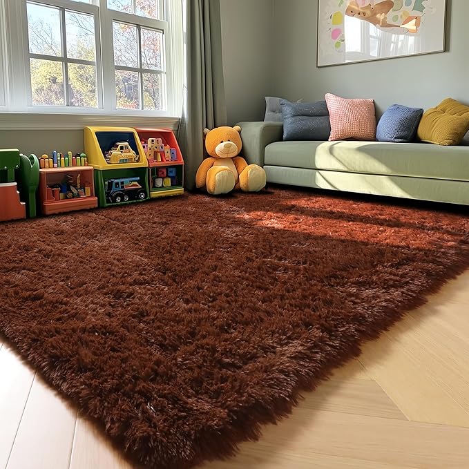 ONASAR Brown 8x10 Area Rugs for Living Room, Large Fluffy Shag Bedroom Rug, Washable Soft Plush Thick Shaggy Big Floor Carpet for Kids Boy and Girls Teen Dorm Nursery Indoor Home Decor Aesthetic