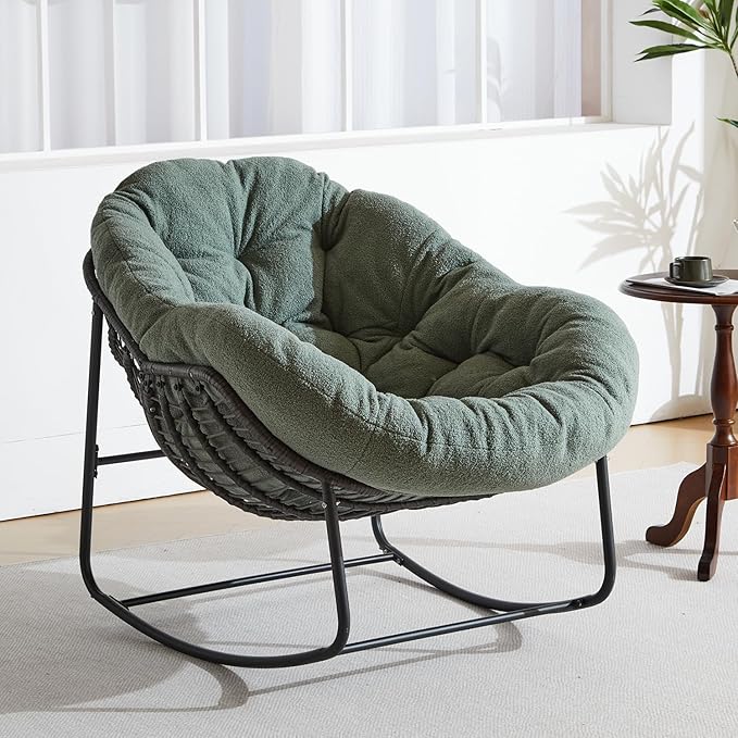 Oversized Outdoor Papasan Rocking Chair with Soft Cushion, Comfy Patio Egg Chair, Wicker Lounge Rocker for Balcony/Porch/Garden, Reinforced All Weather Rattan Frame, 330 lbs Support, Hunter Green