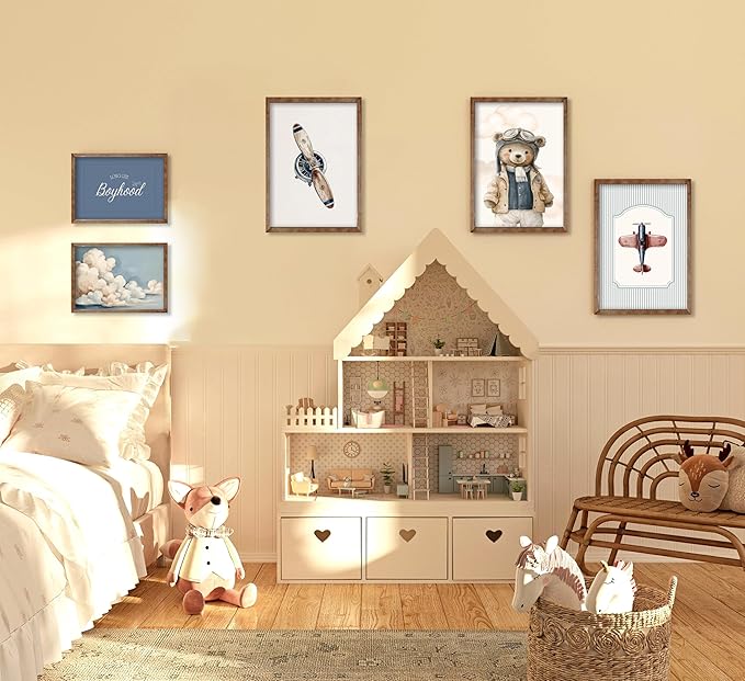 Vintage Baby Boy Nursery Wall Art Retro Airplane Travel Kids Room Canvas Wall Decor Teddy Bear Pictures Navy Blue Aviation Posters Cloudy Sky Painting Print Artwork for Boy Room Playroom, Unframed