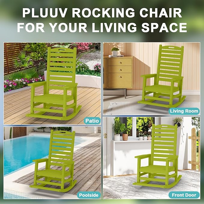 Outdoor Rocking Chair with Removable Footboard for Adults, HDPE High Back Patio Rocking Chairs, 330lbs All Weather Porch Rocking Chairs for Outdoor & Indoor -Pistachio Green