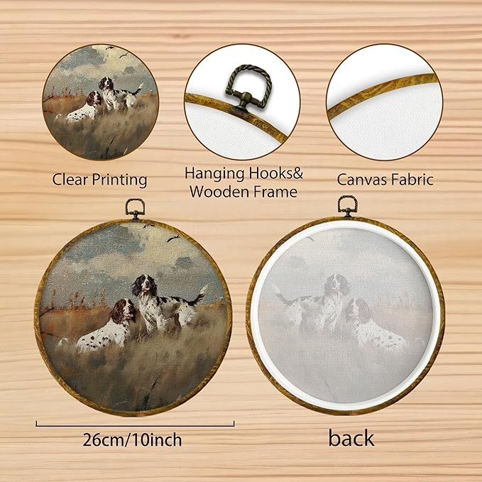 Hiuwevt Vintage Springer Spaniel Dog Round Wall Art Decor, Springer Spaniel Gifts Framed Canvas Prints, Rustic Farmhouse Round Wall Hanging Decor for Home Bedroom Living Room Decorations, 10x10 Inches