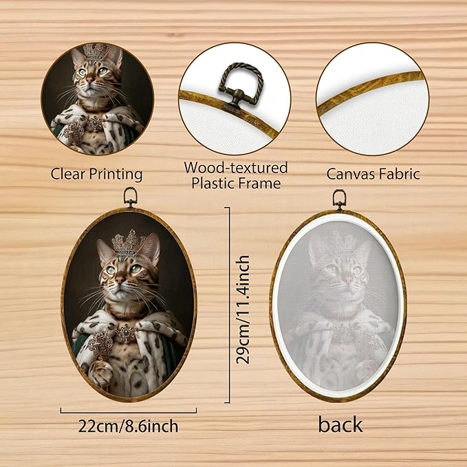 Hiuwevt Vintage Cat Renaissance Style Oval Wall Art Decor, Cat Gifts for Women Framed Canvas Prints, Moody King Kitten Oval Wall Hanging Decor for Home Bedroom Living Room Decorations, 8.6x11.4 Inches