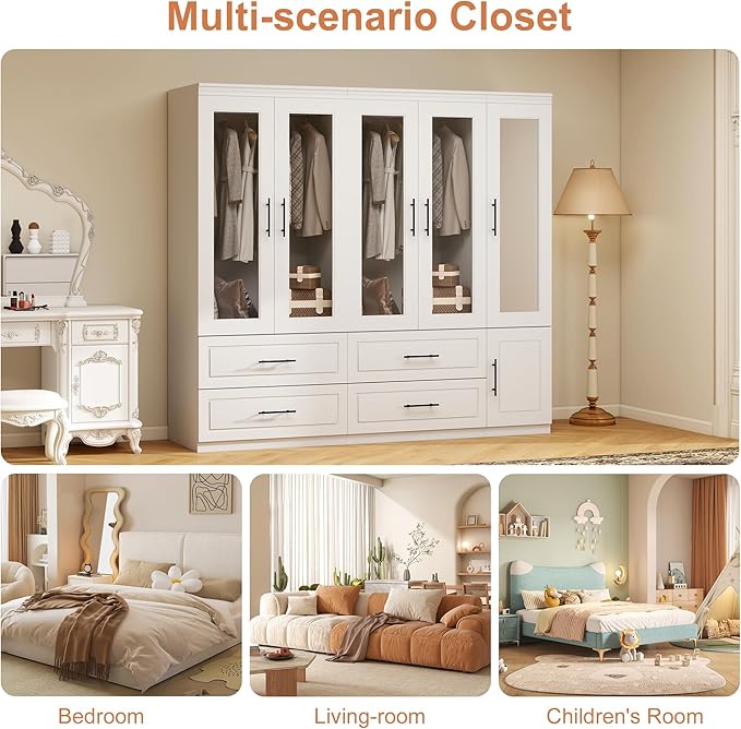 5 Door Armoire Wardrobe Closet with Mirror, Wood Wardrobe Closet with Glass Door Combination Bedroom Armoire 4 Drawer with Hanging Rods for Home/Bedroom/Living Room